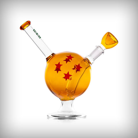 HEMPER Wish Ball glass water pipe with amber ball body, red stars, clear base, and 14mm bowl