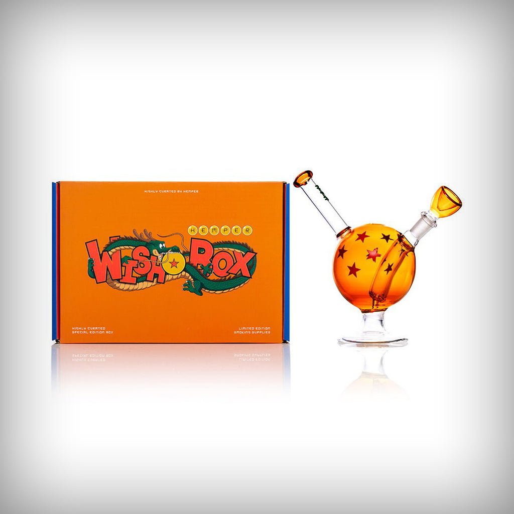 HEMPER Wish Ball water pipe displayed beside its orange HEMPER Wish Box packaging