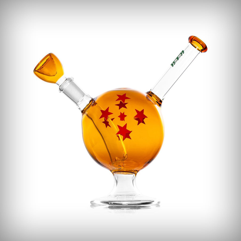 HEMPER Wish Ball water pipe opposite angled view with amber body, red star graphics, bowl, and mouthpiece