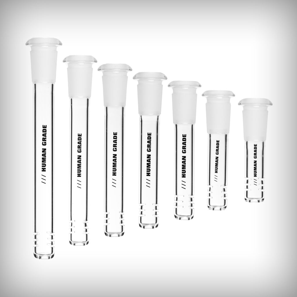 Human Grade 14mm downstems shown together in seven available lengths smoking bong