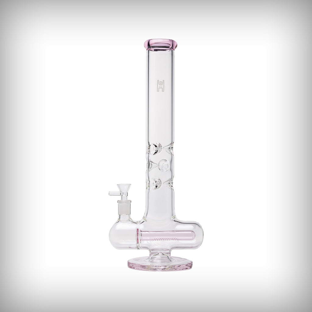 Human Grade Inline Tube Triple Ice Catch water pipe with pink glass accents