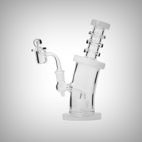 Human Grade bent neck glass dab rig with 14mm quartz bucket and carb cap