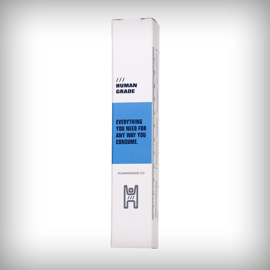 Human Grade downstem packaging side panel with branding and measurement markings