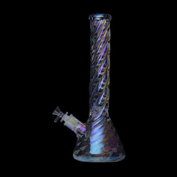 Iridescent beaker water pipe with wide base and 14mm female joint