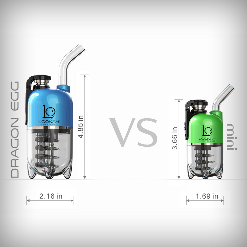 LOOKAH Dragon Egg blue and green models shown side by side, original dragon egg vs mini dragon egg dab rig comparison