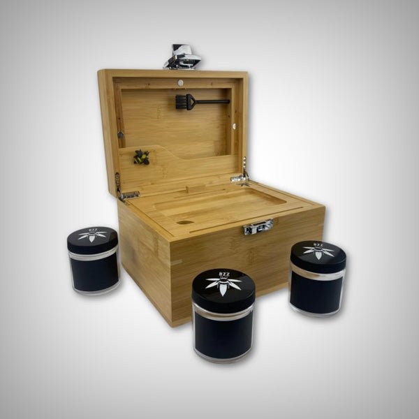 Large wooden stash box with glass jars and magnetic rolling tray