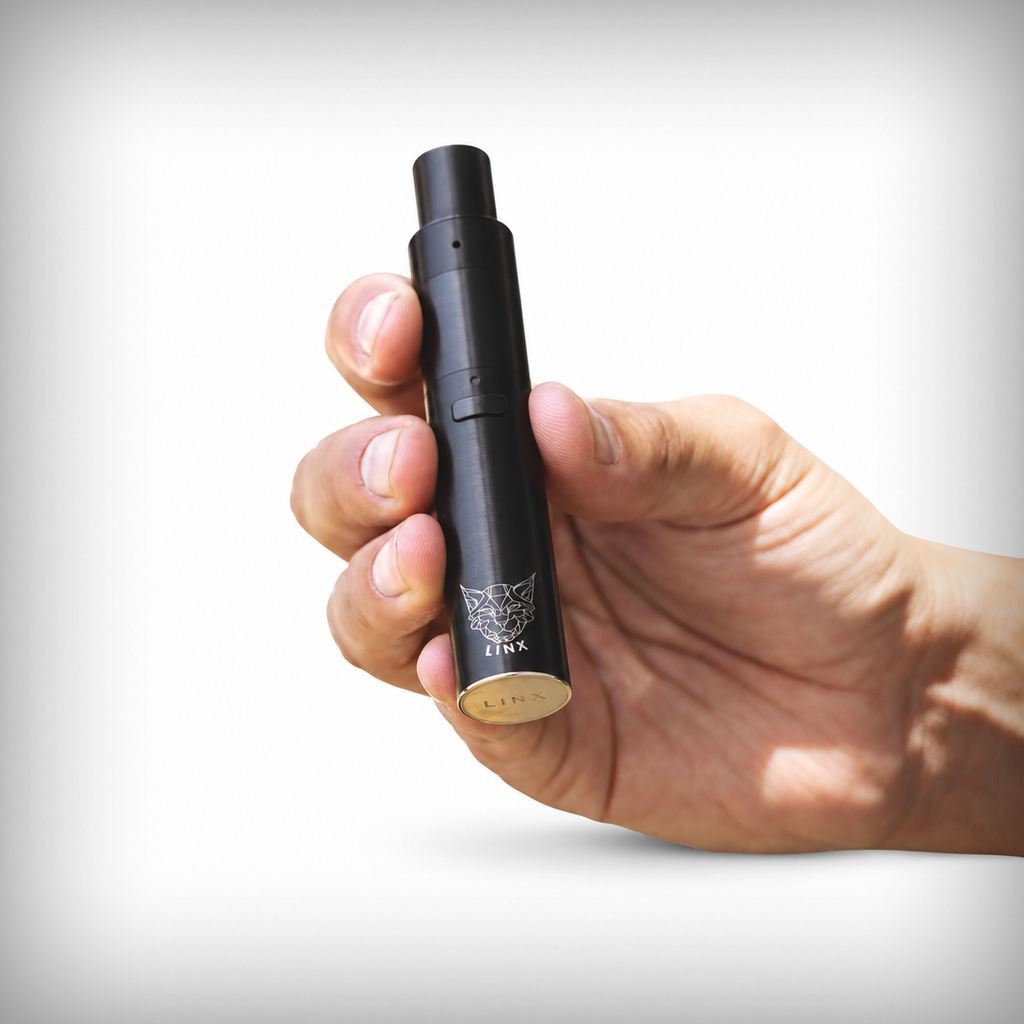 Linx Blaze Onyx vape pen held in hand showing its compact size