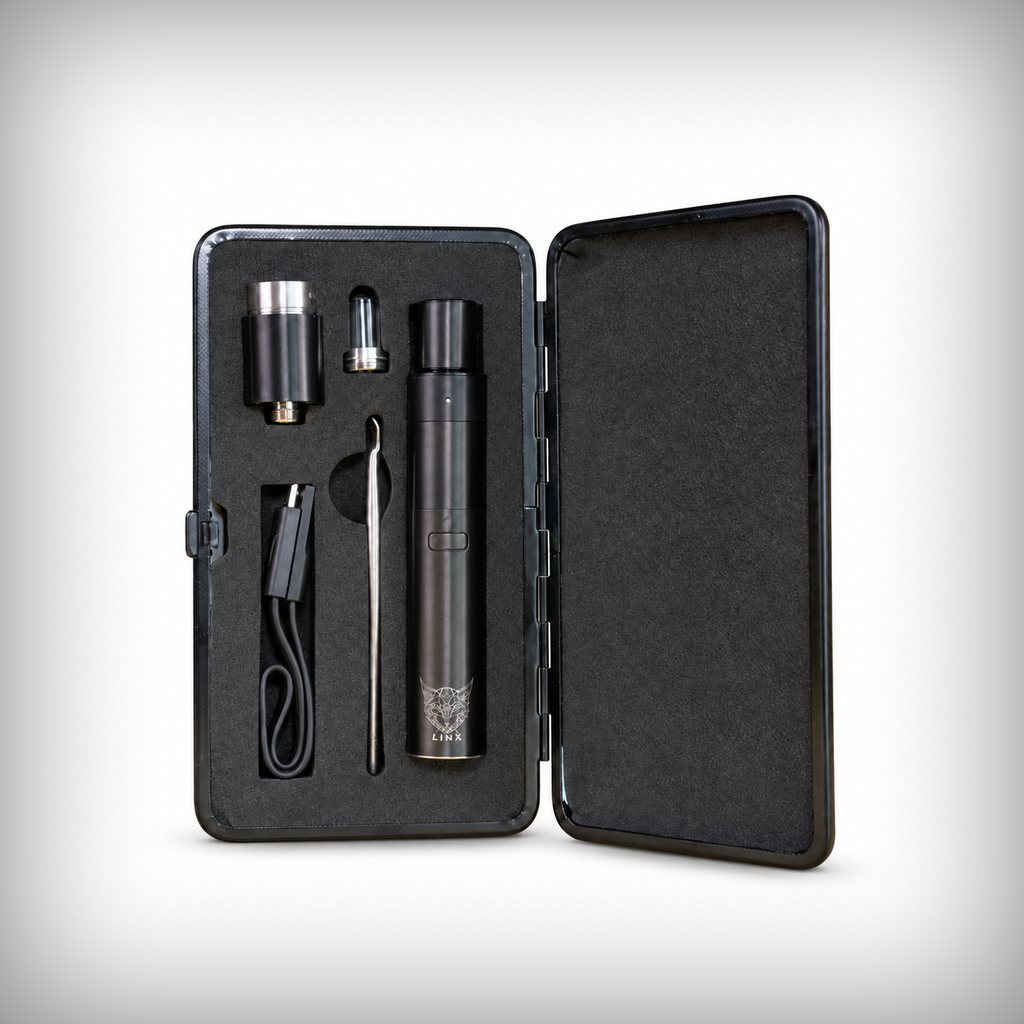 Linx Blaze vape pen and accessories arranged inside the open carrying case