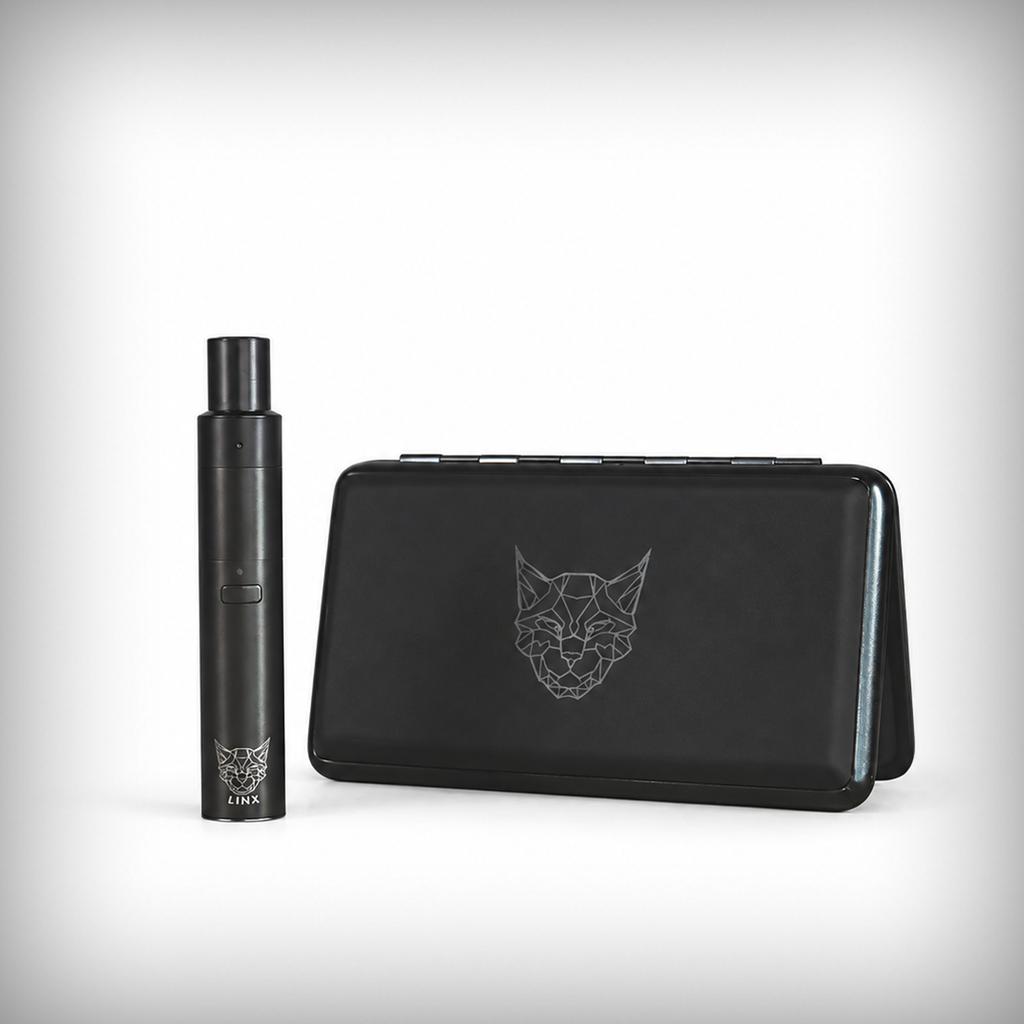 Linx Blaze vape pen in Onyx beside its carrying case