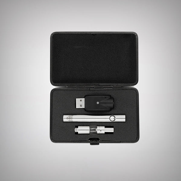 Linx Hermes 3 kit viewed from above with battery, atomizer, charger, and open case