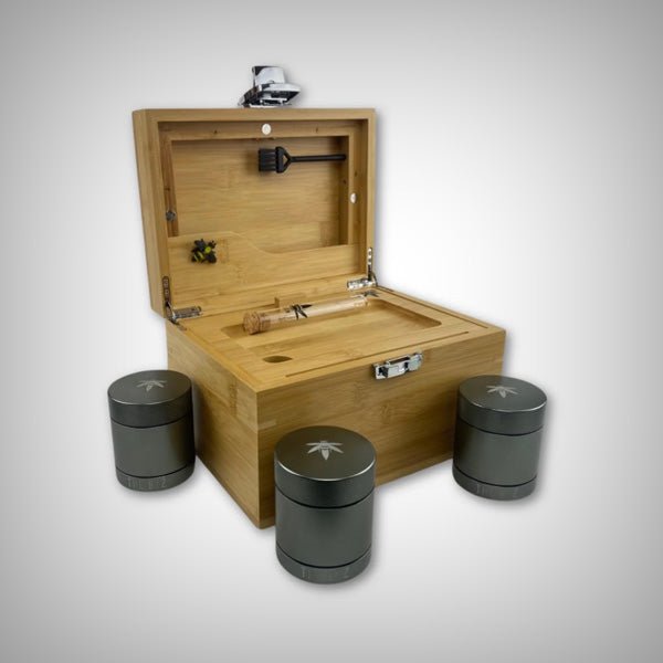Lockable wooden stash box with airtight jars and rolling tray