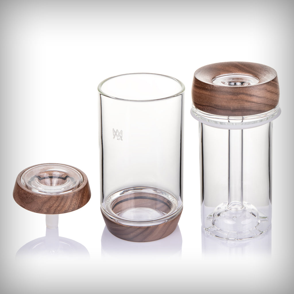 MJ Arsenal Altitude Gravity Bong glass shell and separate wood-accented components displayed together