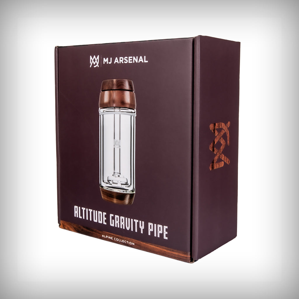 MJ Arsenal Altitude Gravity Bong retail packaging viewed at an angle showing front and side panels