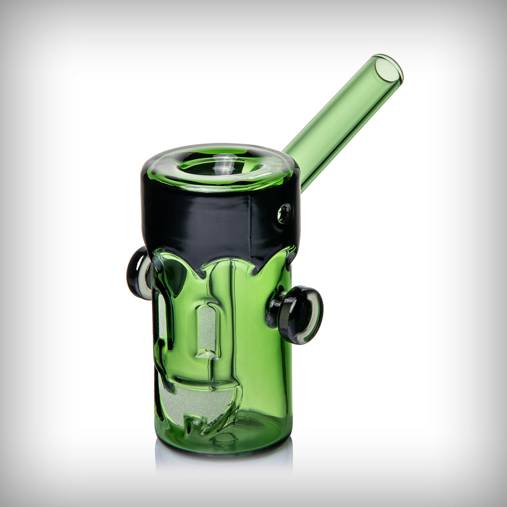 MJ Arsenal Frankenbubbler angled view with green glass stem