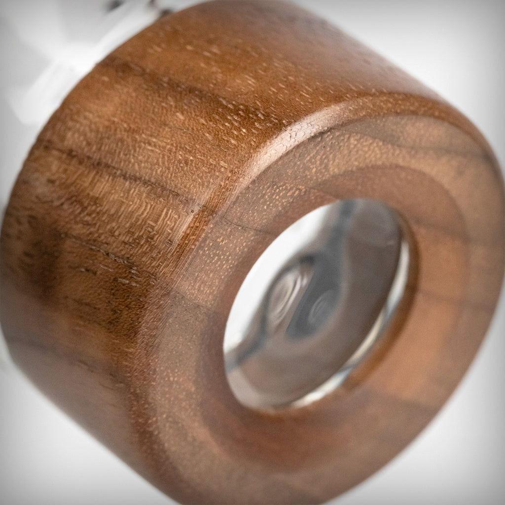 MJ Arsenal Granby Hand Pipe close-up showing etched glass detailing and walnut accents