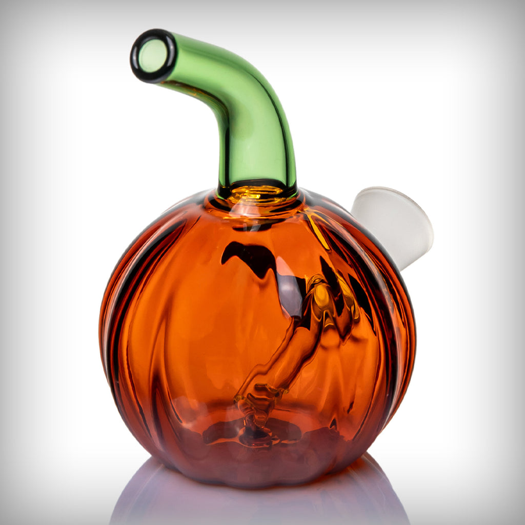 MJ Arsenal Jack O'Ripper Blunt Bubbler angled view with pumpkin face and green mouthpiece