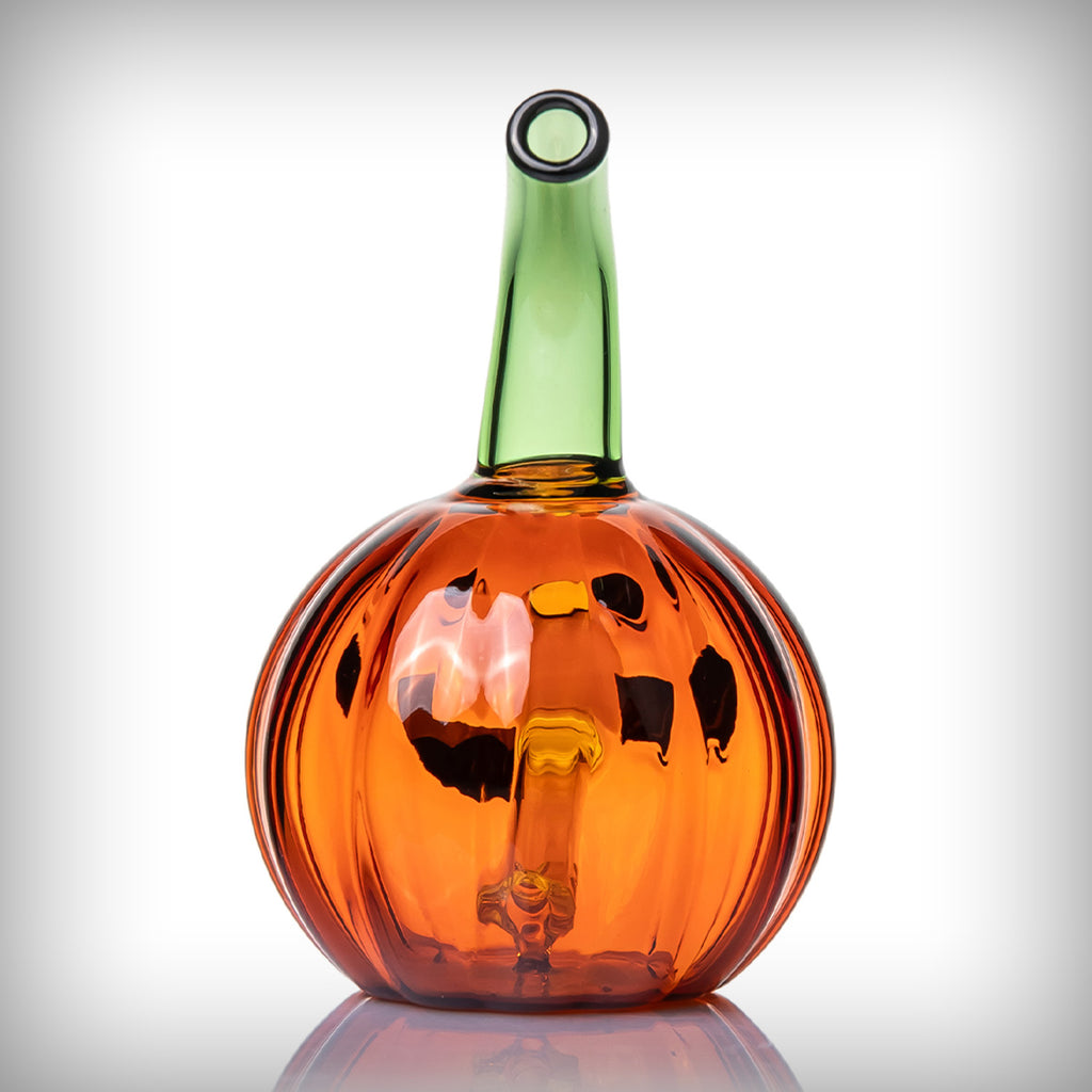MJ Arsenal Jack O'Ripper Blunt Bubbler front glass view with pumpkin face and upright green mouthpiece