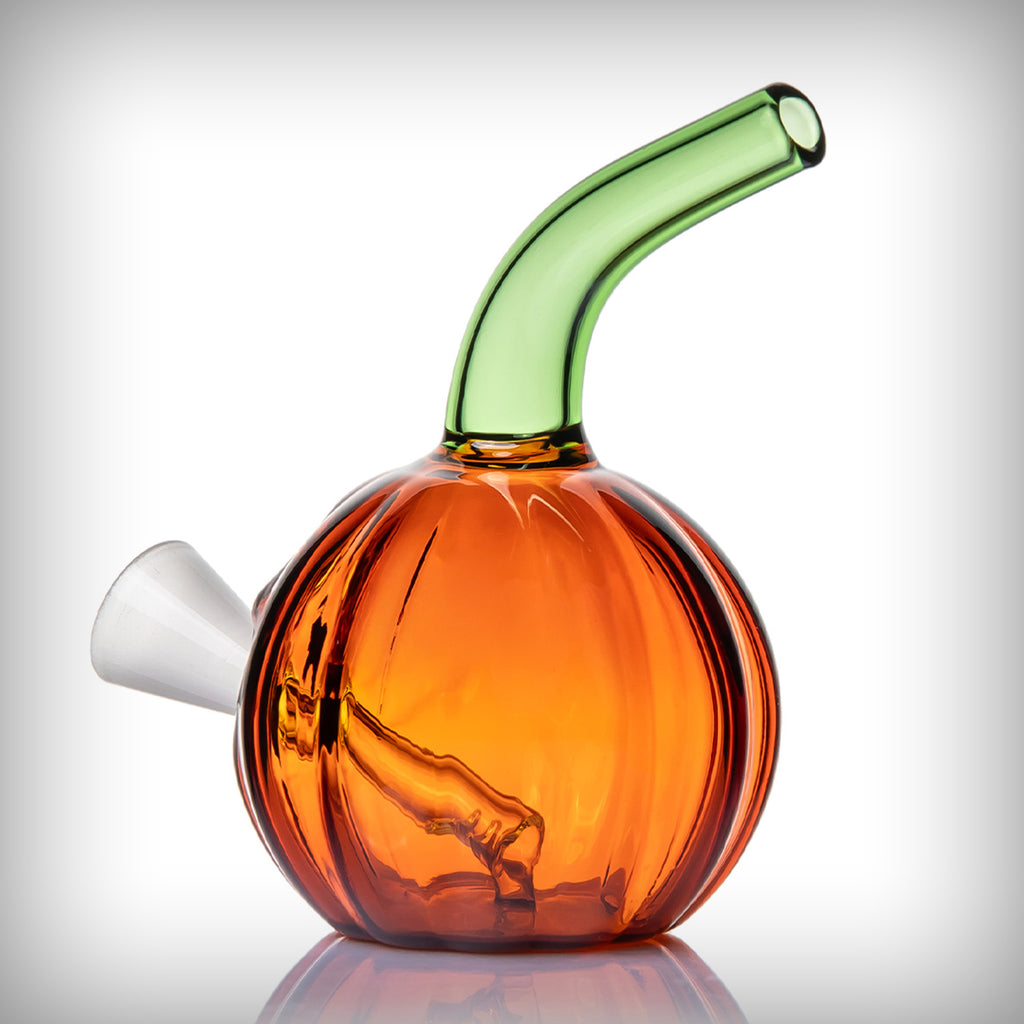 MJ Arsenal Jack O'Ripper Blunt Bubbler side view showing orange glass body and green mouthpiece
