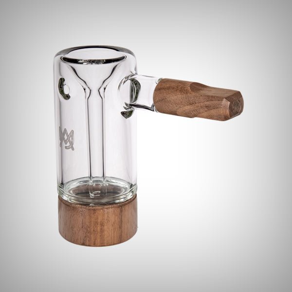 MJ Arsenal Steamboat Bubbler angled view showing glass chamber and walnut detailing