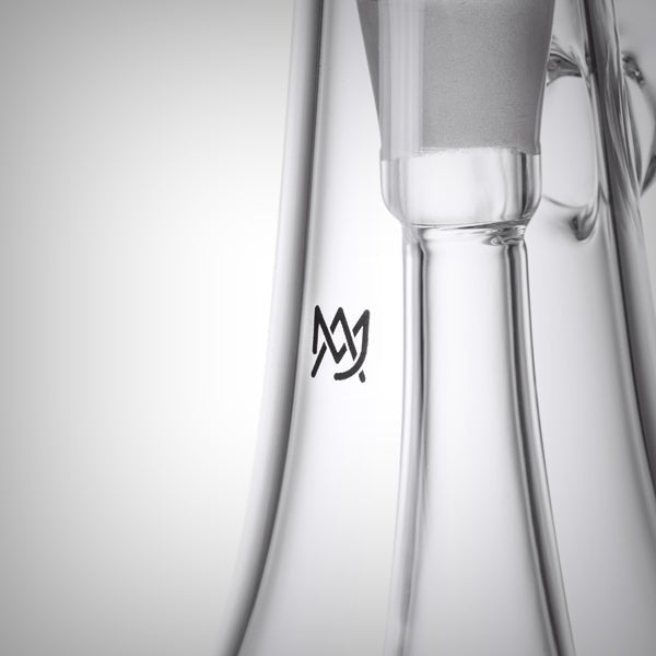 MJ Arsenal logo detail on Lumina Bubbler clear glass body