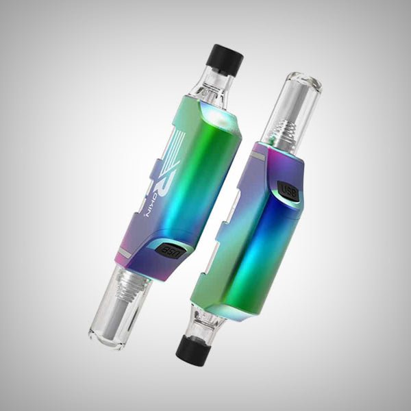 Multicolor Rokin Stinger electric nectar collector shown on a black display stand