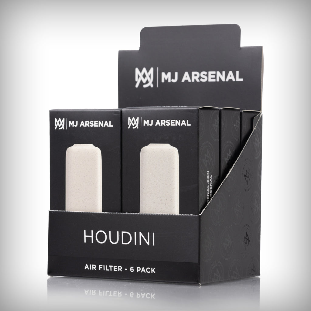 Multiple MJ Arsenal Houdini smoke filters arranged in a black retail display box