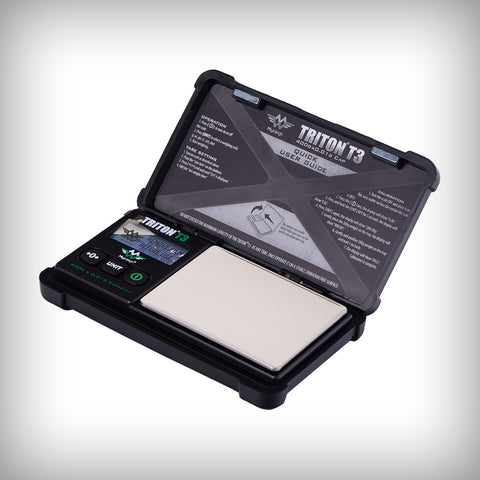 My Weigh Triton T3R-500 rechargeable digital pocket scale open with protective cover