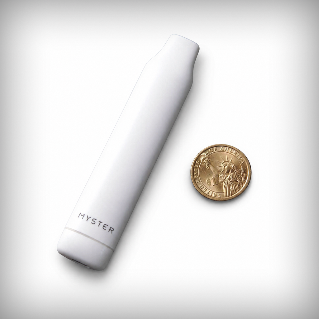 Myster SlickStick Slim 510 battery beside a U.S. dollar coin for size comparison