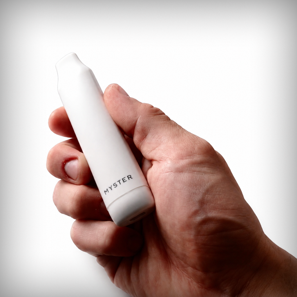 Myster SlickStick Slim 510 battery held in hand showing its compact profile