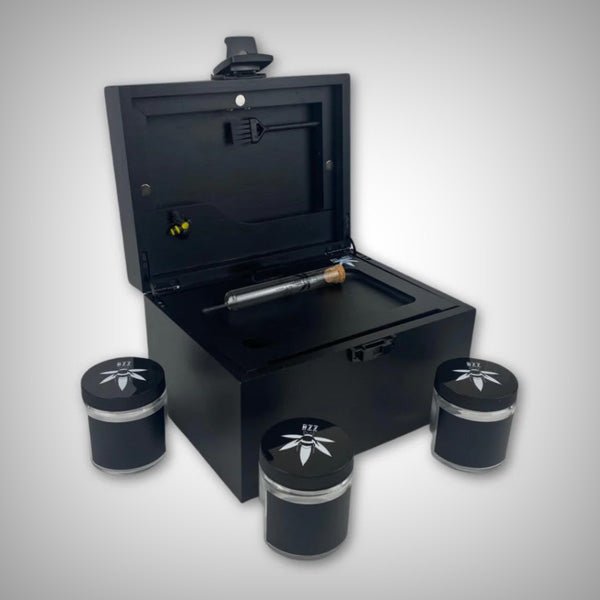 OG Black Bzz Box large black bamboo stash box with lock and airtight jars