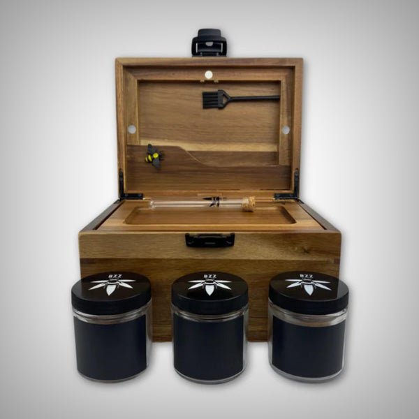 OG Dark Wood BzzBox large wooden stash box with lock and airtight jars
