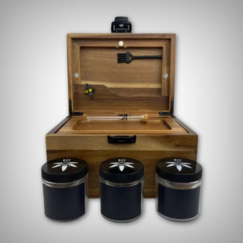 OG Dark Wood BzzBox large wooden stash box with lock and airtight jars