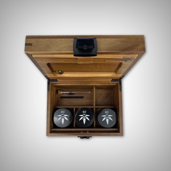 OG Dark Wood BzzBox organizer with tray and stash jar storage