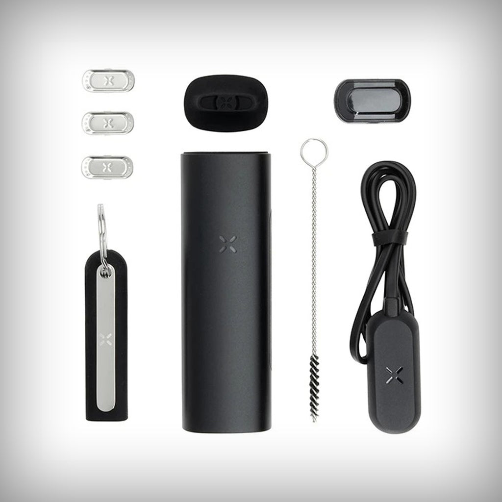 PAX Mini 2 Onyx vaporizer with included mouthpieces, oven lids, screens, cleaning tools, and charging cable