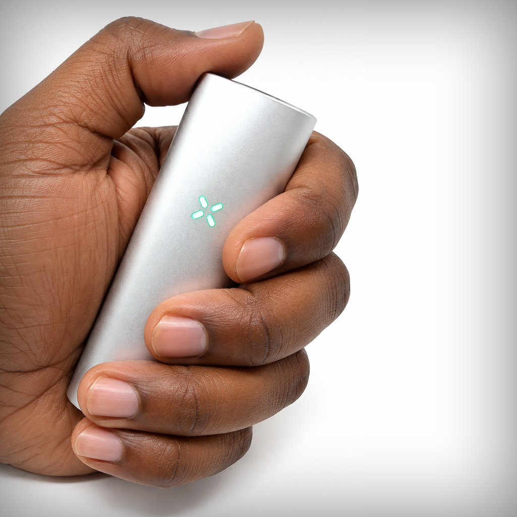 PAX Mini 2 vaporizer held in one hand with LED indicator illuminated