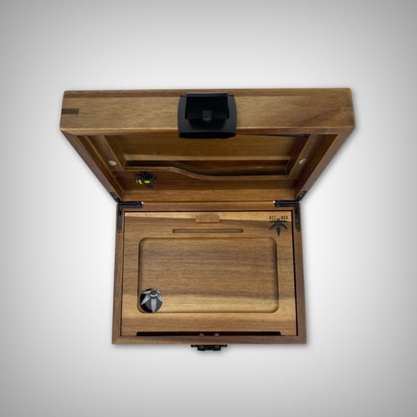Premium acacia wood stash box with gold latch and keys