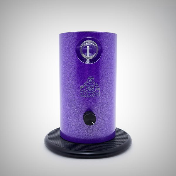 Purple ELEV8 Da Buddha DBV desktop vaporizer front view with glass connection and control knob
