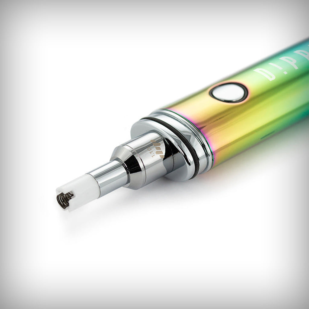 Rainbow Dip Devices Dipper vaporizer close-up with exposed atomizer