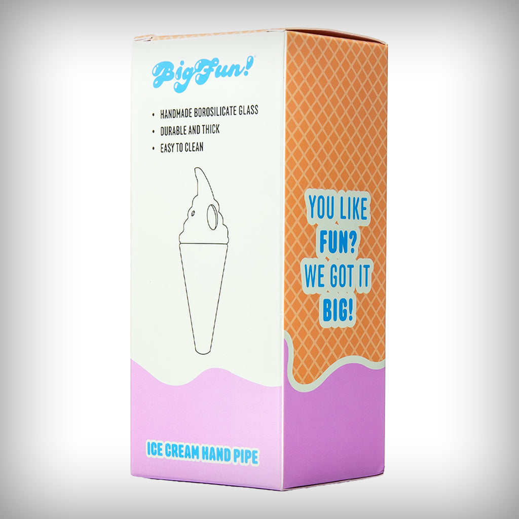 Rear and side view of the BIGFUN! Ice Cream Hand Pipe retail packaging