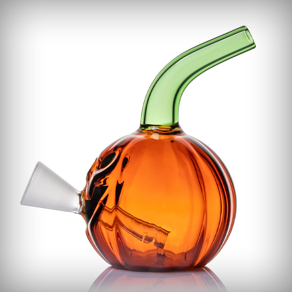 Rear angled view of MJ Arsenal Jack O'Ripper Blunt Bubbler showing orange glass body and side holder