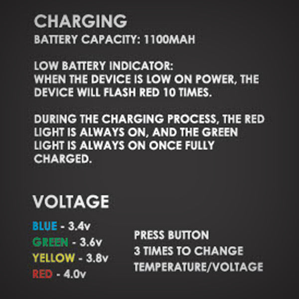 Rokin Stinger charging instructions with 1100mAh battery capacity and four voltage settings