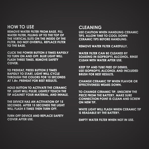 Rokin Stinger operating and cleaning instructions for the water filter, ceramic tip, and battery