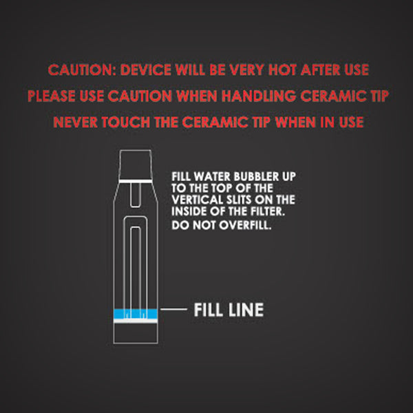 Rokin Stinger water filter fill-line diagram with ceramic tip safety warning