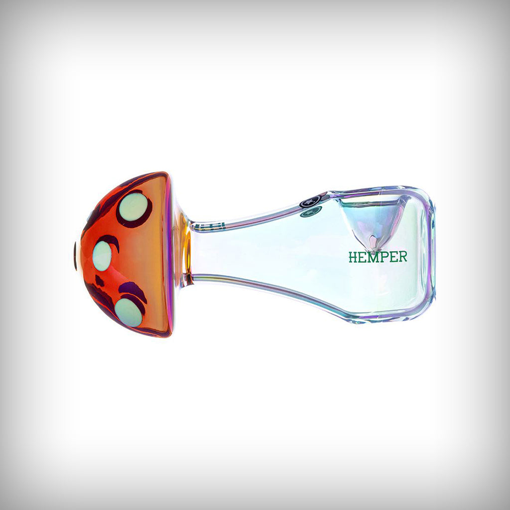 Side profile of HEMPER Trippy Shroom hand pipe with iridescent glass and HEMPER branding