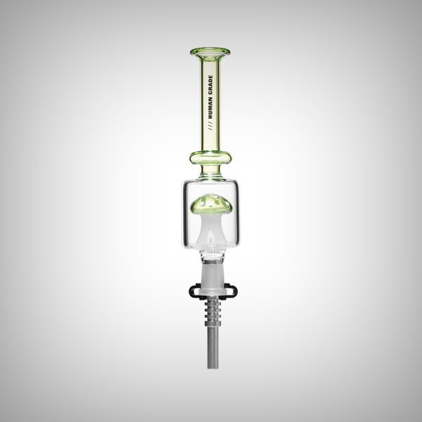 Side view of Human Grade mushroom nectar collector with red perc, steel tip, and clip
