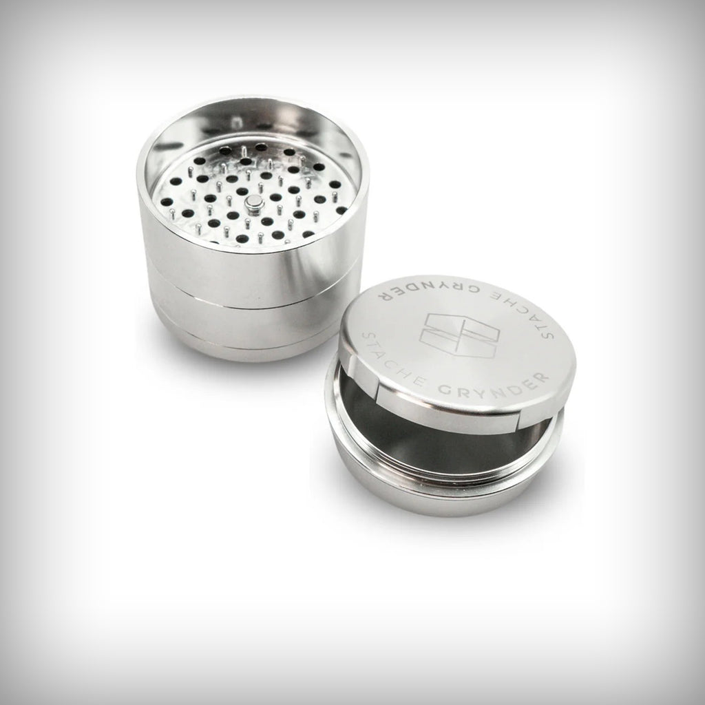Silver Stache Grynder shown open with stainless-steel separation screen