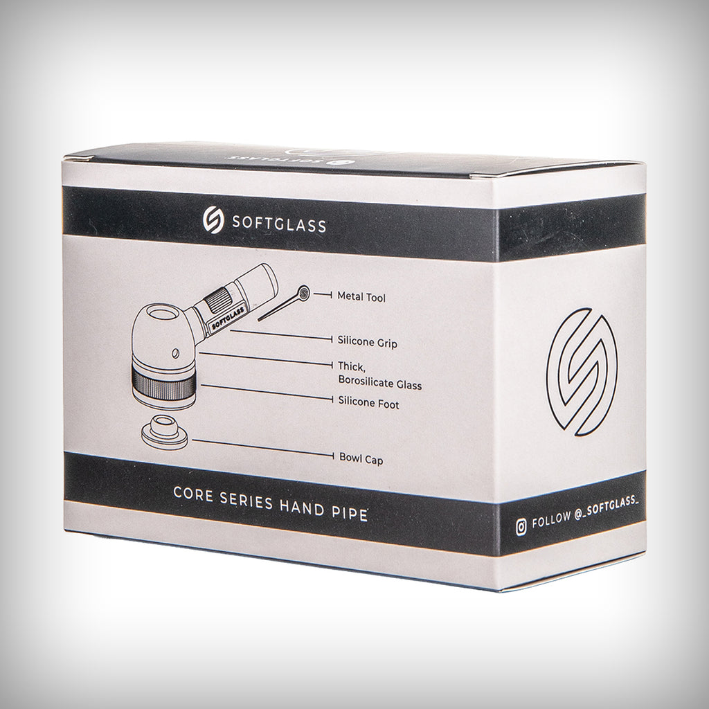 Softglass Core Hand Pipe packaging showing labeled components and accessories