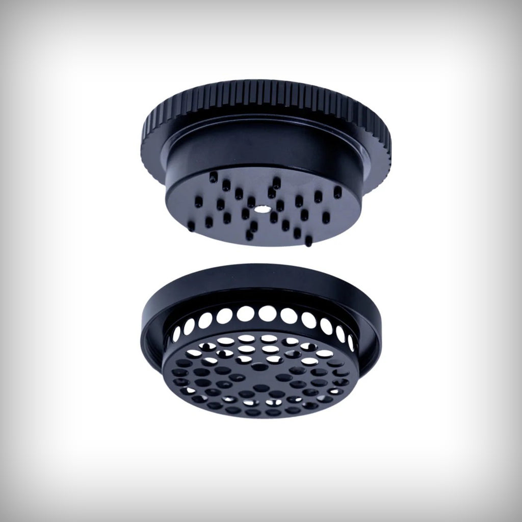 Stache Grynder 360 black grinder shown with its three pieces separated