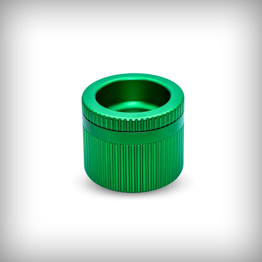 Stache Grynder 360 green grinder shown from an angled view