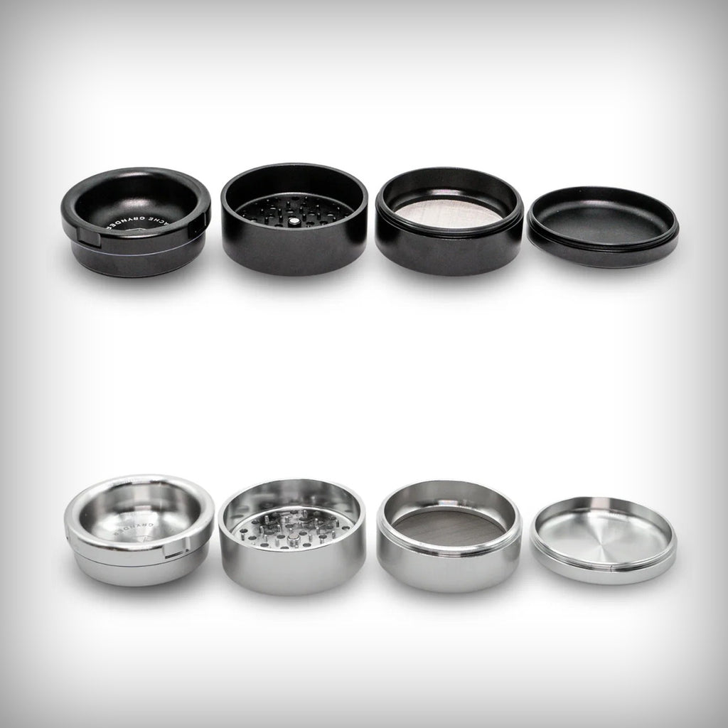 Stache Grynder 4-piece grinders disassembled in black and silver